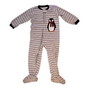 Carters Gray Striped Kids One Piece Footie Pajama, Zip Up, Fleece, Penguin, 4T